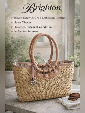 Brighton Woven Straw Tote w/ Pink Croc Embossed Leather & Heart Charm